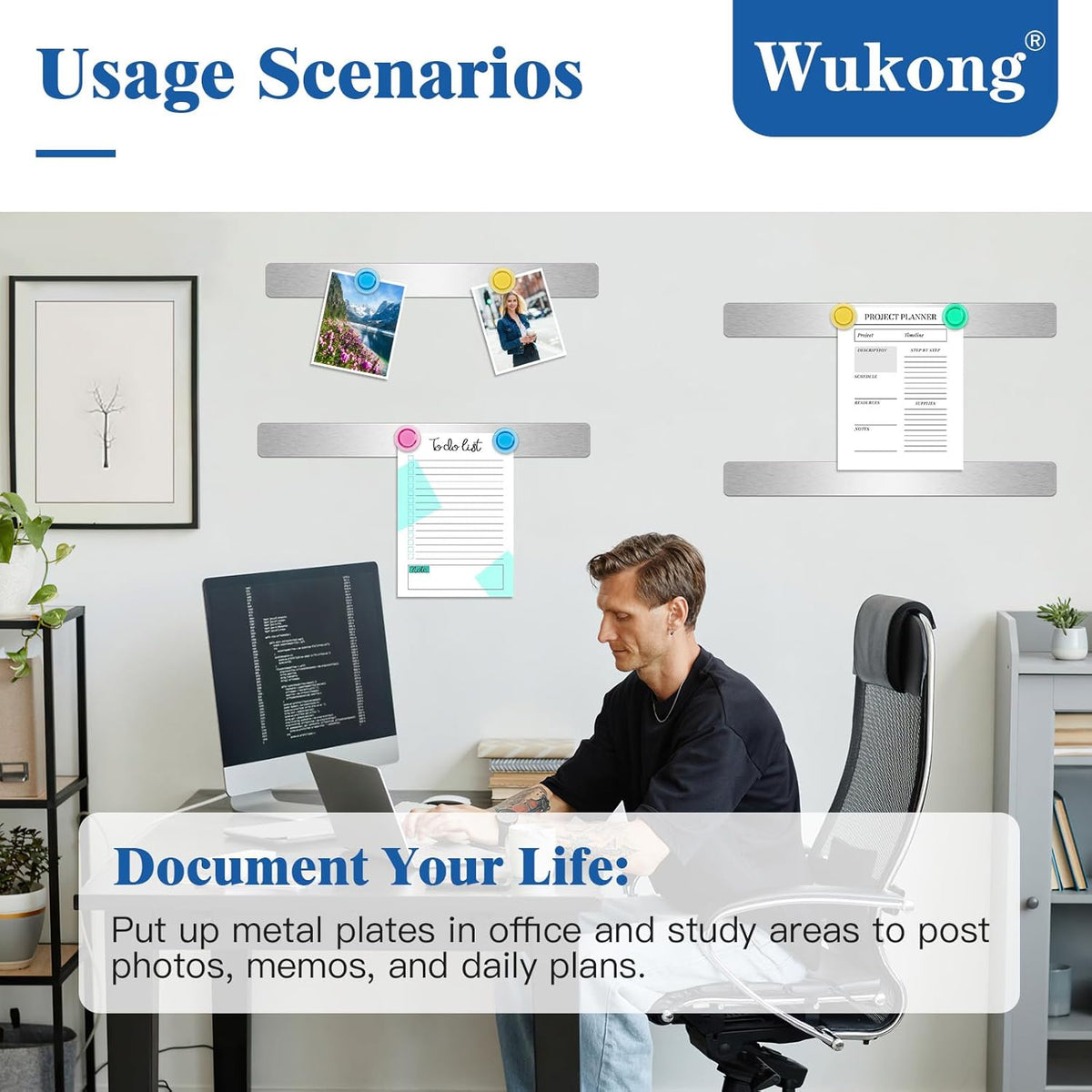 Wukong 6 Pack | 30x3cm(11.81 x 1.18) Magnetic Stainless Silver Boards Strips, Adhesive Backing Bulletin Bar Board, Memo Board with 16Pcs Colorful Magnets for Office, Home, Photo Wall, Documents