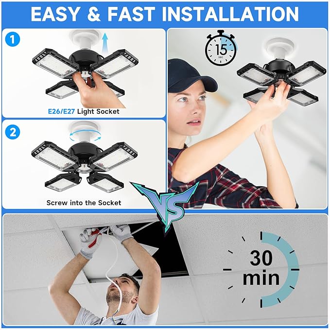 LED Garage Lights 4 Pack -120W, 12000LM 6500K Led Shop Light with 4+1 Deformable Panels, Basement Barn Light Garage Ceiling Lights, E26/E27 for Garage, Warehouse, Shop
