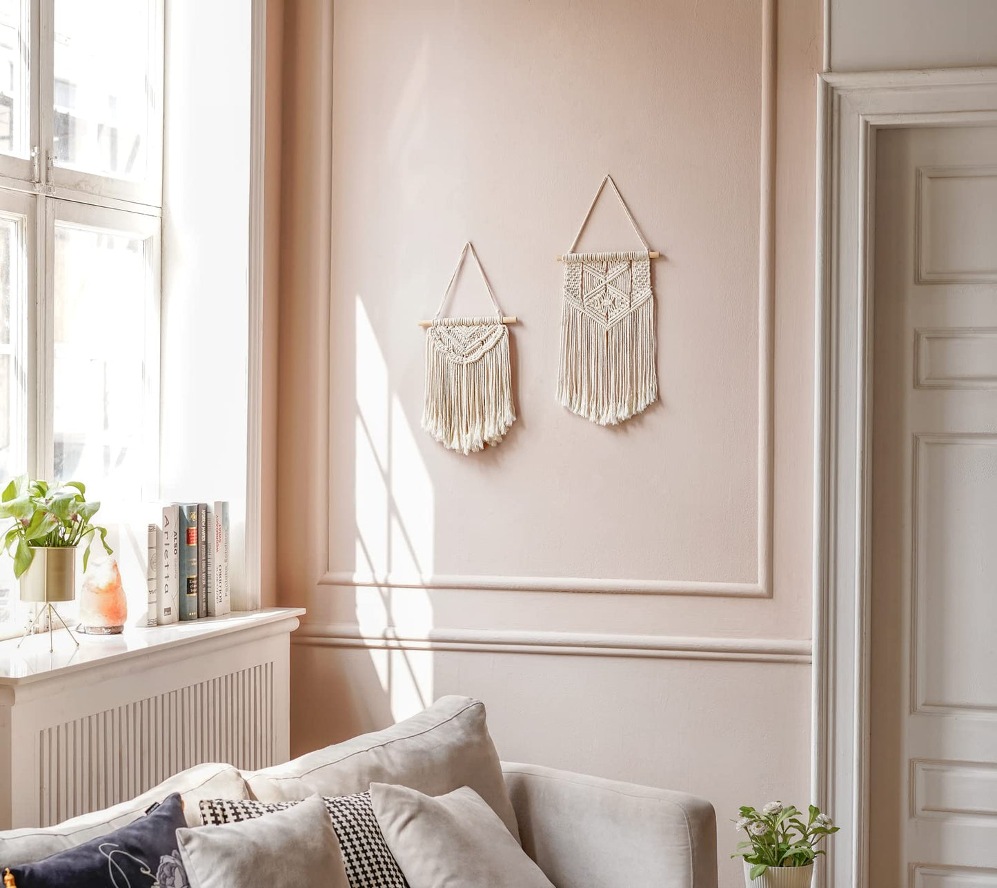 Mkono 2 Pcs Macrame Wall Hanging Boho Wall Art Decor Woven Chic Bohemian Room Decor for Bedroom Nursery Living Room Dorm Apartment, Small Size 13" L x 10"" W and 16"" L x 10"" W"