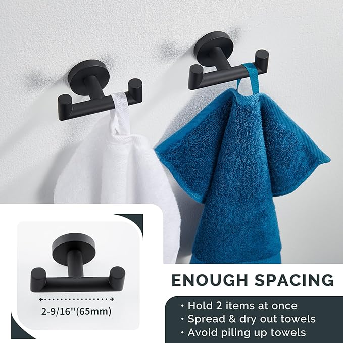 Angle Simple Double Towel Hook Matte Black 2 PCS, Stainless Steel Bathroom Robe Hook, Hand Towel Holder for Wall