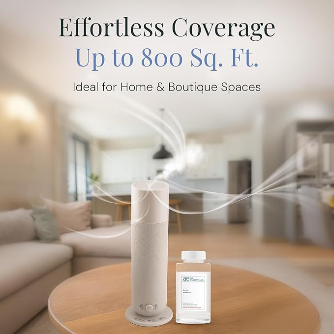 AE800 Tower Bluetooth Smart Diffuser with Santal Oil, A Warm Sandalwood & Cardamom Blend, Waterless Scent Machine for Home or Office, Large Room Coverage Up to 800 Sq. Ft.