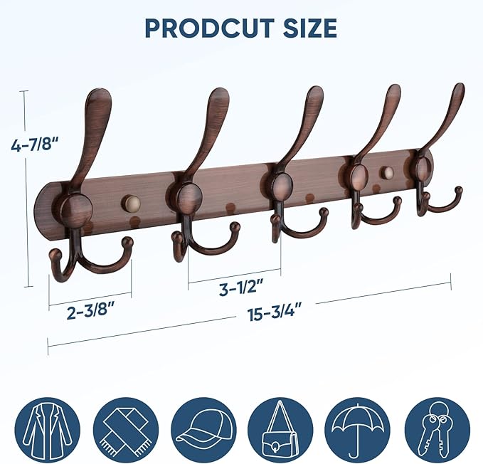 TICONN Wall Mounted Coat Rack, Five Heavy Duty Tri Hooks All Metal Construction for Jacket Coat Hat in Mudroom Entryway (Antique Bronze, 1-Pack)