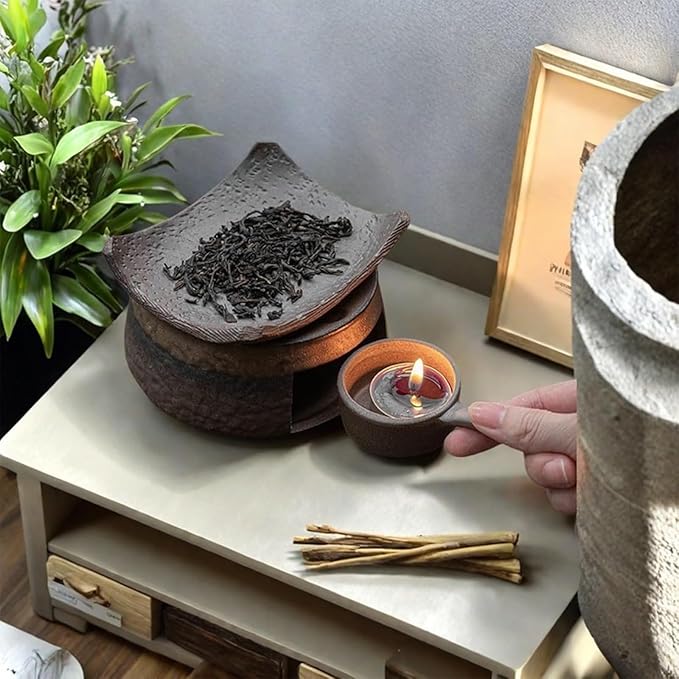 Ceramic Tea Stove Warmer Set, Aromatherapy Burner, Handmade Ceramic Candle Wax Melts Warmer with Tealight Holder, for Meditation (A)