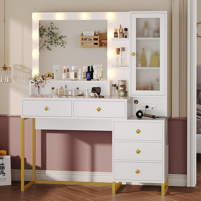 Tiptiper Makeup Vanity with Lights & Charging Station, Large Vanity Desk with Mirror and Lights, Makeup Table with 5 Drawers & Shelves, White and Gold