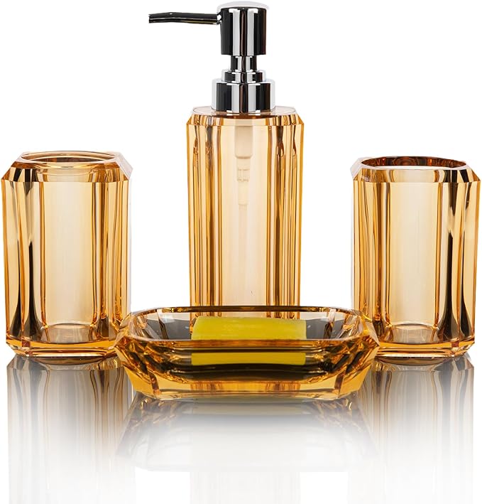 4-Piece Elegant Champagne Gold Bathroom Accessories Set — Soap Dispenser, Soap Dish, Mouthwash Cup & Toothbrush Holder, Glossy Acrylic with Champagne Accent, Vanity Countertop Organizer