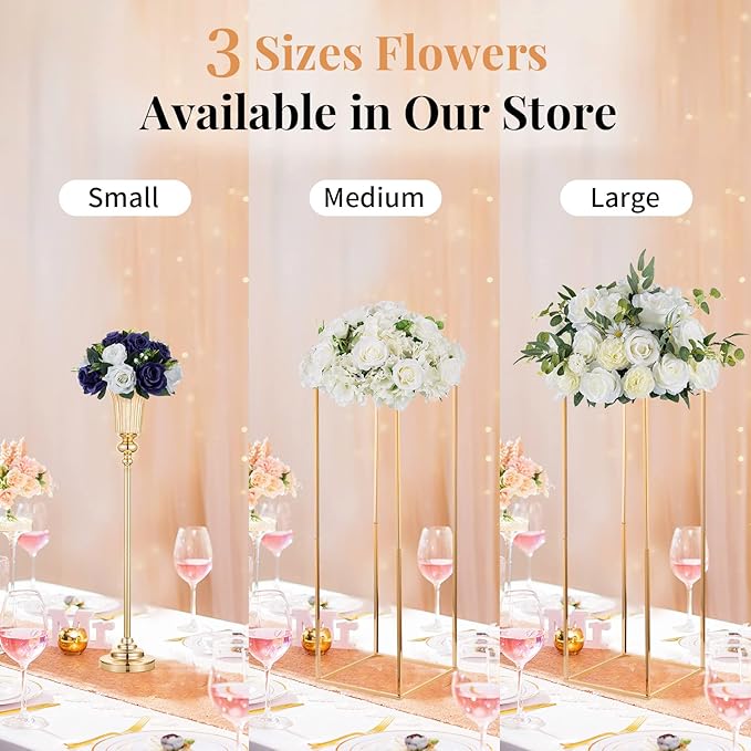 NUPTIO Artificial Flower Centrepieces for Tables - 2 Pcs 9.5in Diameter Navy Blue & White Fake Flowers Roses Balls - Silk Faux Rose Arrangement for Wedding Party Centerpiece Table Decorations