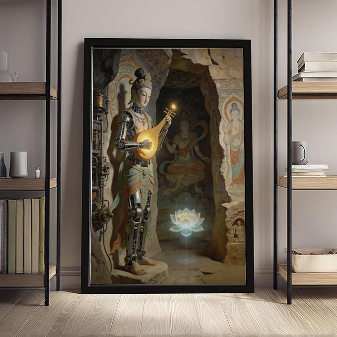 Framed Steampunk Mechanical Fairy Wall Art - Cultural Retro-Futuristic Poster for Home Office Bedroom Decor 16x24in
