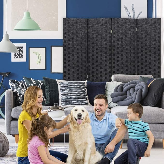 FDW Room Divider 6FT Wall Divider Wood Screen 4 Panels Wood Mesh Hand-Woven Design Room Screen Divider Indoor Folding Portable Partition Screen,Black