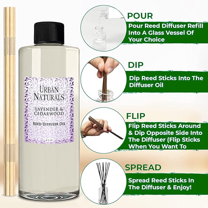 Urban Naturals Reed Diffuser Oil Refill Lavender Cedarwood with Warm Wood, Spa-Inspired Notes 8 oz + Free Reed Sticks, Made in the USA