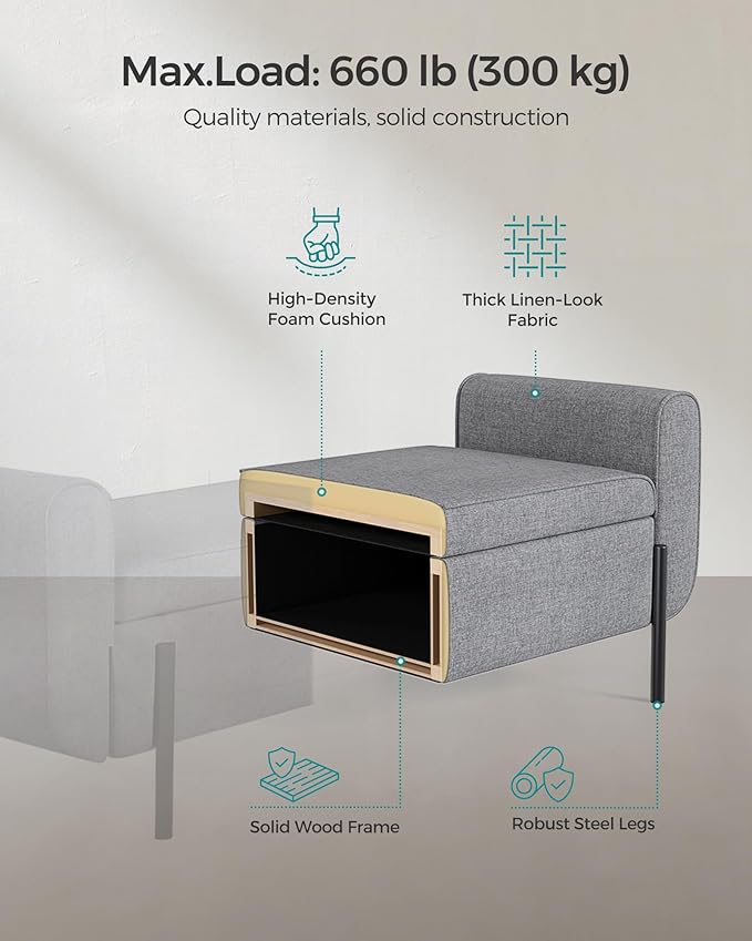 SONGMICS Storage Bench with Armrests, Ottoman for Living Room, Bedroom, Entryway, Steel Legs, Light Gray ULOM072G02