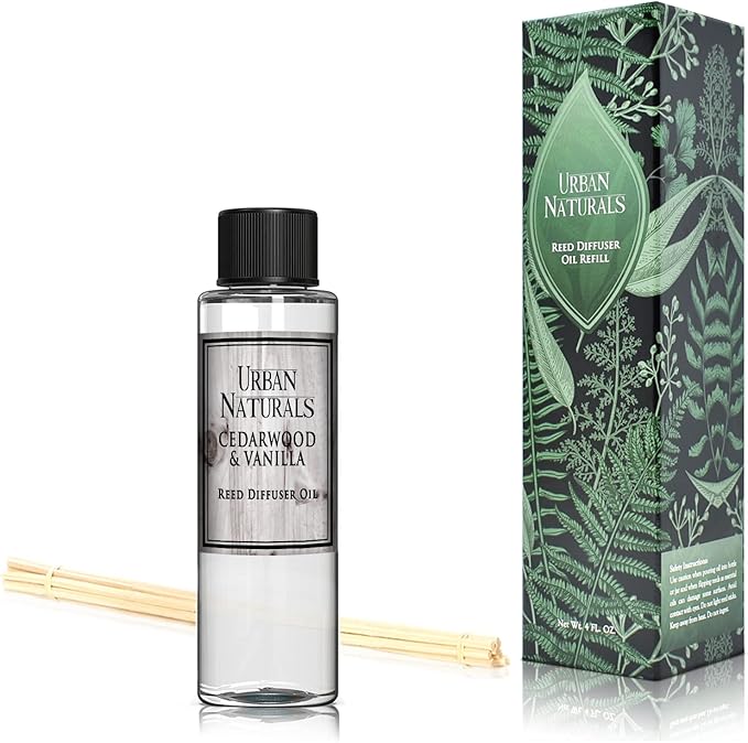 Urban Naturals Reed Diffuser Oil Refill, Cedarwood Vanilla Fragrance Oil with Oak, Cedar, Vanilla, 4 oz + Free Reed Sticks, Made in the USA
