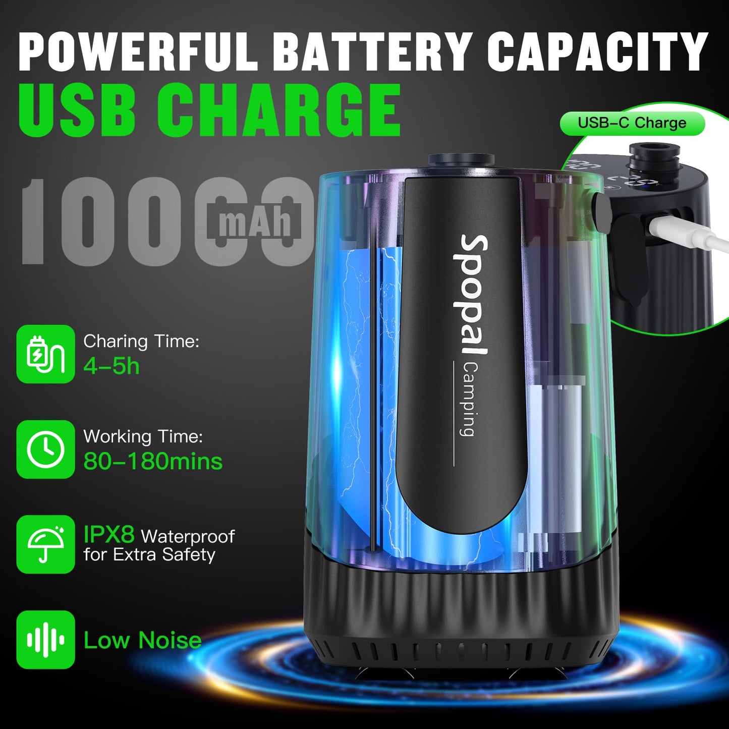 Spopal Portable Camping Shower, [10000mAh Rechargeable], 5-Speed with Collapsible Bucket with Handle 20L, IPX8 Waterproof, LED Display Camp Shower Pump, Perfect for Hiking, Travel, Cars & Pets