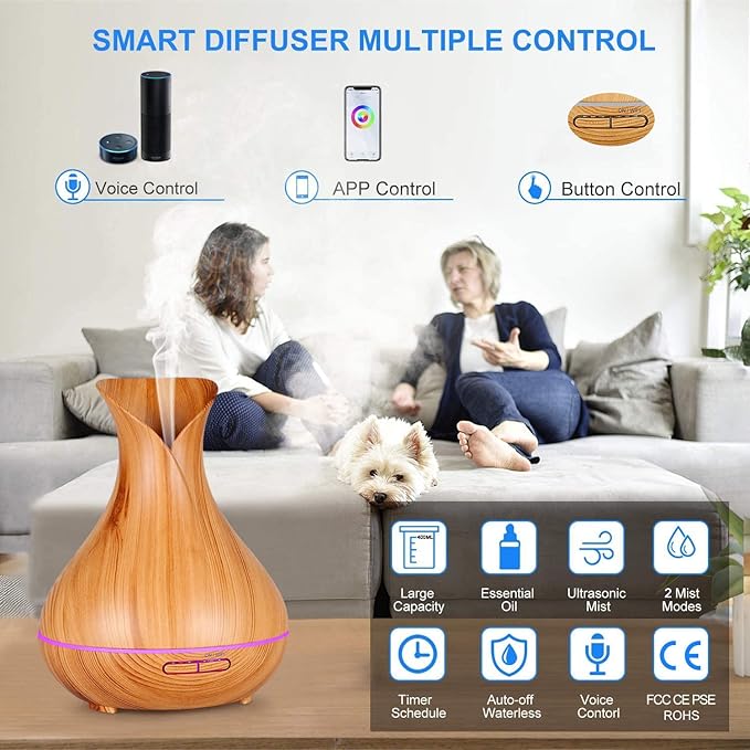 Smart Wi-Fi Essential Oil Diffuser, App and Voice Control Compatible with Alexa, 400ml Aromatherapy Humidifier for Relaxing Atmosphere in Home Office Bedroom