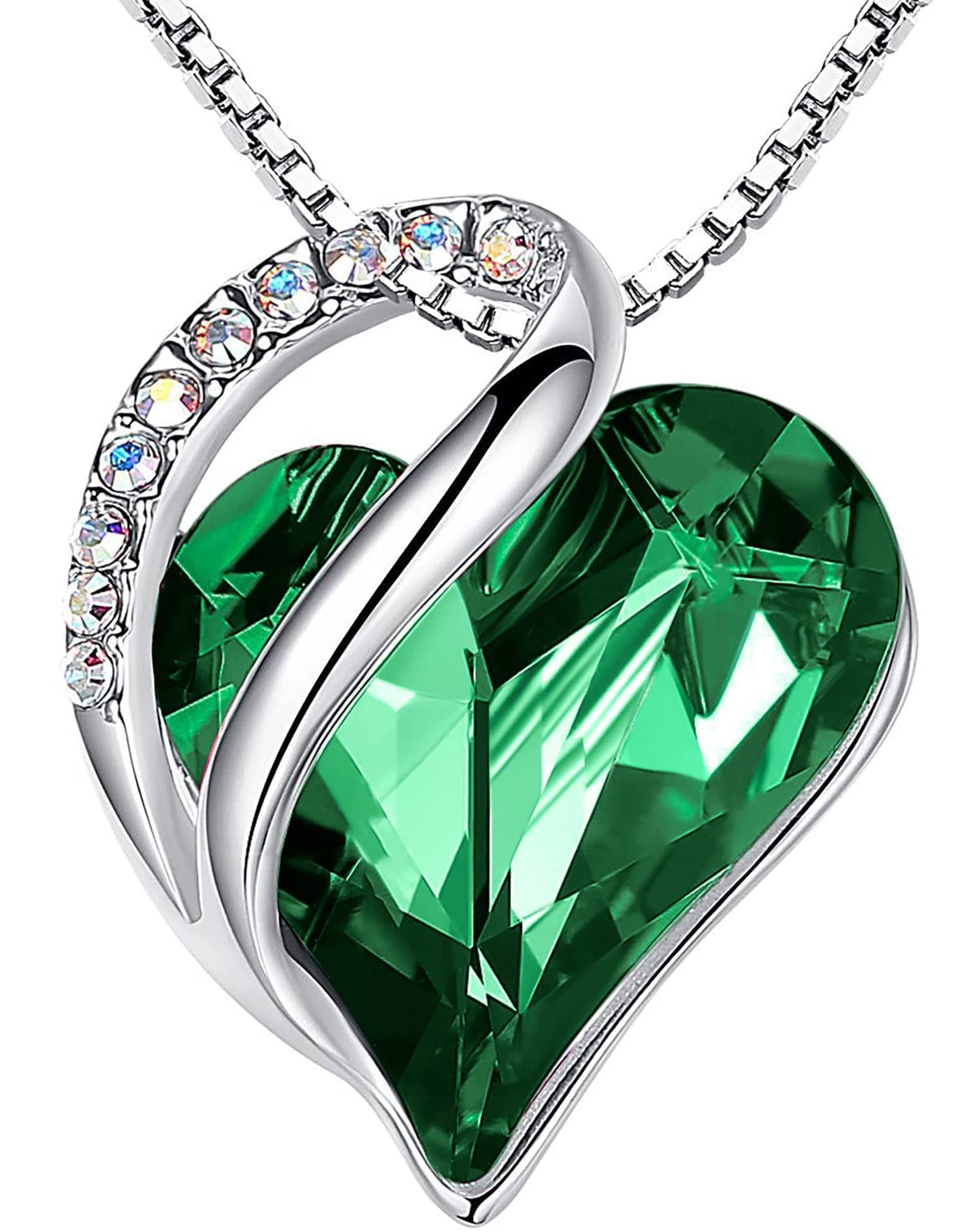 Leafael Necklaces for Women, Infinity Love Birthstone Heart Pendant with Emerald Green Crystal for May, Birthday Jewelry Gifts for Her, Mom, and Wife, Silver Plated, 18 plus 2 inch Adjustable Chain