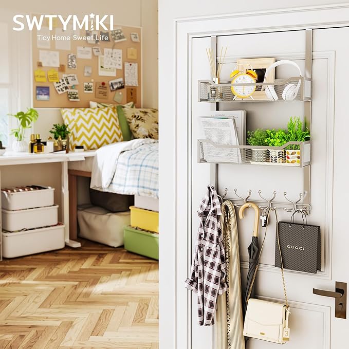 SWTYMIKI Over The Door Hook with 16 Hooks & 2 Mesh Baskets - Heavy Duty Over The Door Organizer Hanger for Towels, Coats, Clothes - Space Saving Hanging Rack for Bathroom, Living Room, Silver