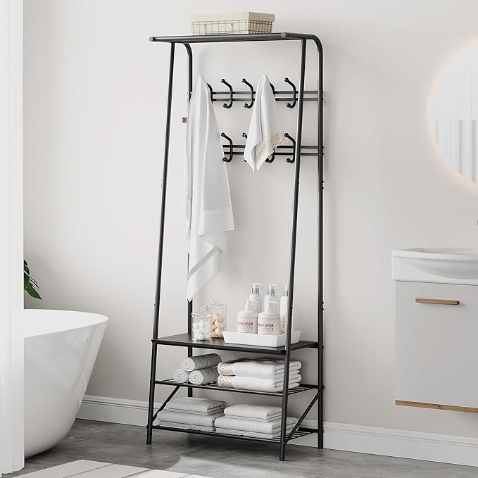 Coat Rack Hall Tree with Shoe Storage Bench, 4-in-1 Entryway Organizer, 10 Hooks & 3-Tier Shoe Rack, Freestanding Metal Frame for Hallway, Front Door