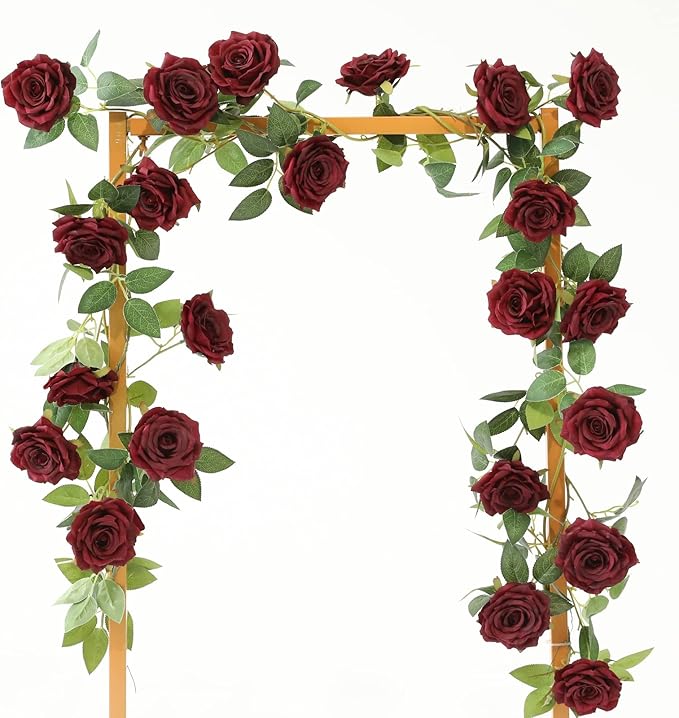 2 Strands 73'' Artificial Silk Rose Flower Vines Garland, Fake Roses Floral Green Leaves Hanging Plant for Wedding Arrangement Decoration, Wall, Party, Bedroom, Home Decor (Burgundy)