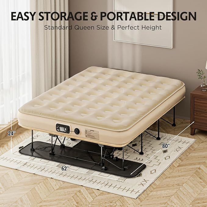 Simpli Comfy Queen EZ Bed Self-Inflating Air Mattress with Built-in Frame, Pump and Wheeled Case, Blow Up Inflatable Rolling Air Bed on Wheels