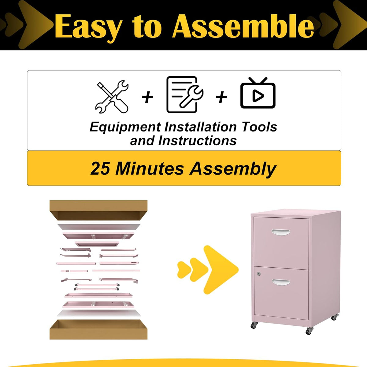 2 Drawer File Cabinet with Lock，Pink Rolling File Cabinet for Home Office, Metal Small Mobile Filing Cabinets on Wheels for Hanging Letter