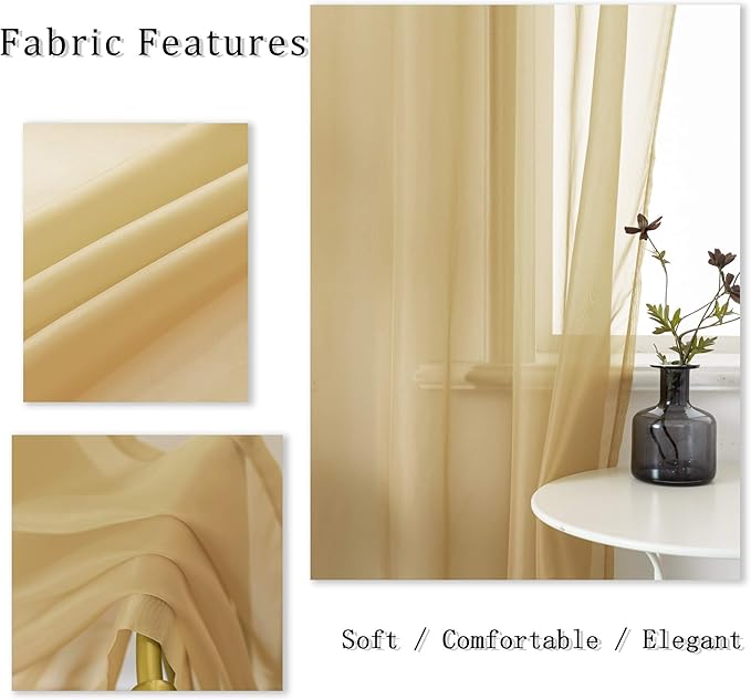DUALIFE Tan Beige Sheer Curtain 108 Inch Length Light Brown Semi Voile Sheer Curtains Window Drapes for Living Room and Bedroom Window Treatments 2 Panels 52x108 Inches Long 9 FT Natural Taupe