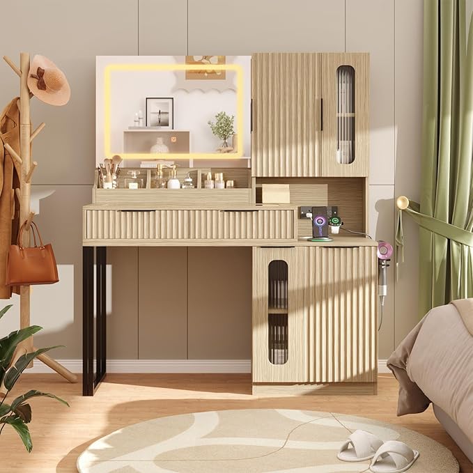 EROMMY 46.5" Makeup Vanity Desk with LED Lights and Large Mirror, Fluted Vanity Desk with 2 Drawers & 4 Storage Cabinets, Dressing Table with Glass Top and Charging Station for Bedroom Gift (Natural)