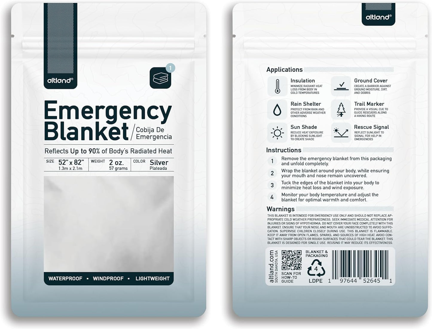 Altland 50 Pack of Emergency Blankets - Bulk Heat Reflective Blankets for Winter Survival Kits, Disaster Preparedness, Cold Weather Camping, and Homeless Care Packages