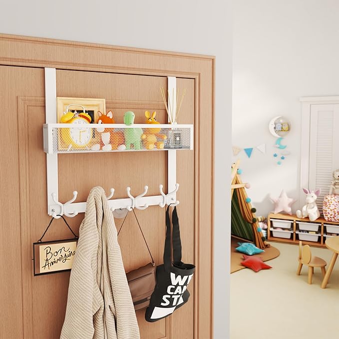 SWTYMIKI Over The Door Hook with 16 Hooks & Mesh Baskets - Heavy Duty Over The Door Organizer Hanger for Towels, Coats, Clothes - Space Saving Hanging Rack for Bathroom, Living Room, White