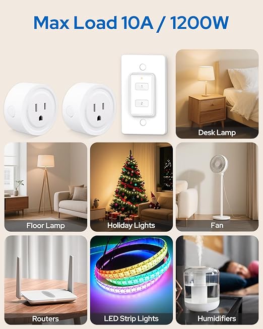 LoraTap Mini Wireless Remote Control Outlet Plug Adapter (2 Pack) with Remote, 2 Channel Wall Switch, 656ft Control Range for Indoor Lamps and Home Appliances, No Hub Required, 10A/1100W, White