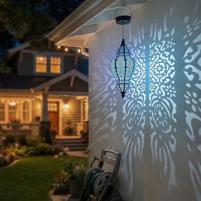 Hanging Solar Lights Outdoor Garden Decor Solar Lantern Waterproof Plastic Moroccan Outdoor Decorations for Patio Pathway Yard Backyard Garden Decorative (Black, 1)