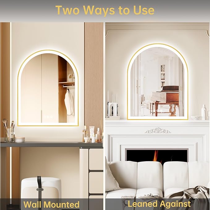 Arched LED Mirror for Bathroom 24"x30", Brushed Gold Lighted Bathroom Mirror with Lights, Fogless, Dimmable, Shatterproof, Touch Sensor, 3 Color Changing