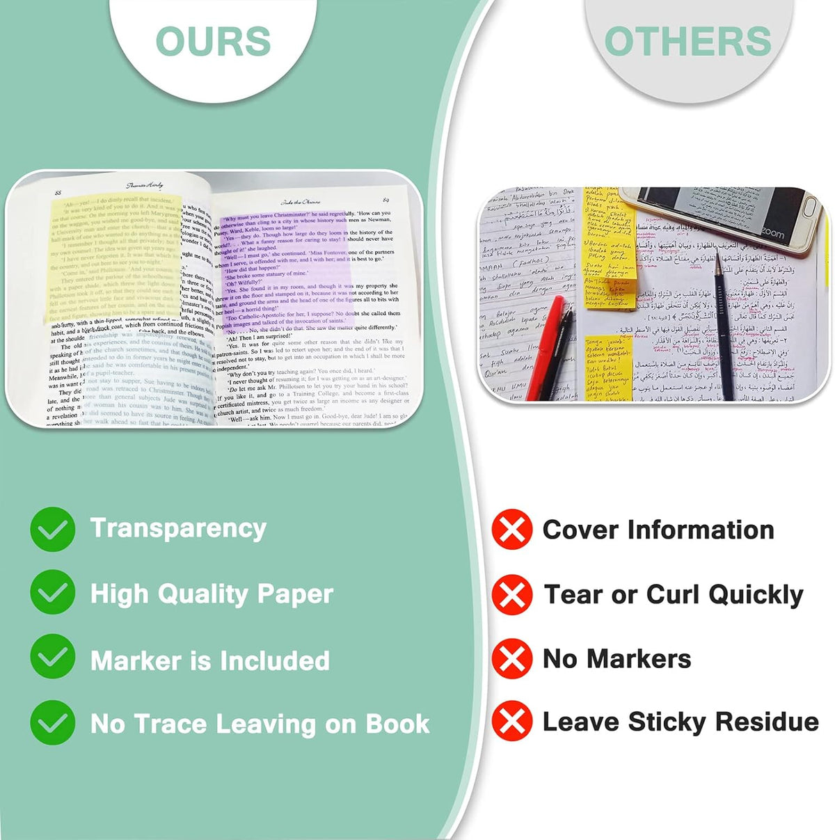 400 Sheets Transparent Sticky Notes, 3x3 inch Clear Sticky Notes Set, See Through Notes for Annotation, Index Labels, Translucent Notes with Pen for Office School (Assorted Colors)