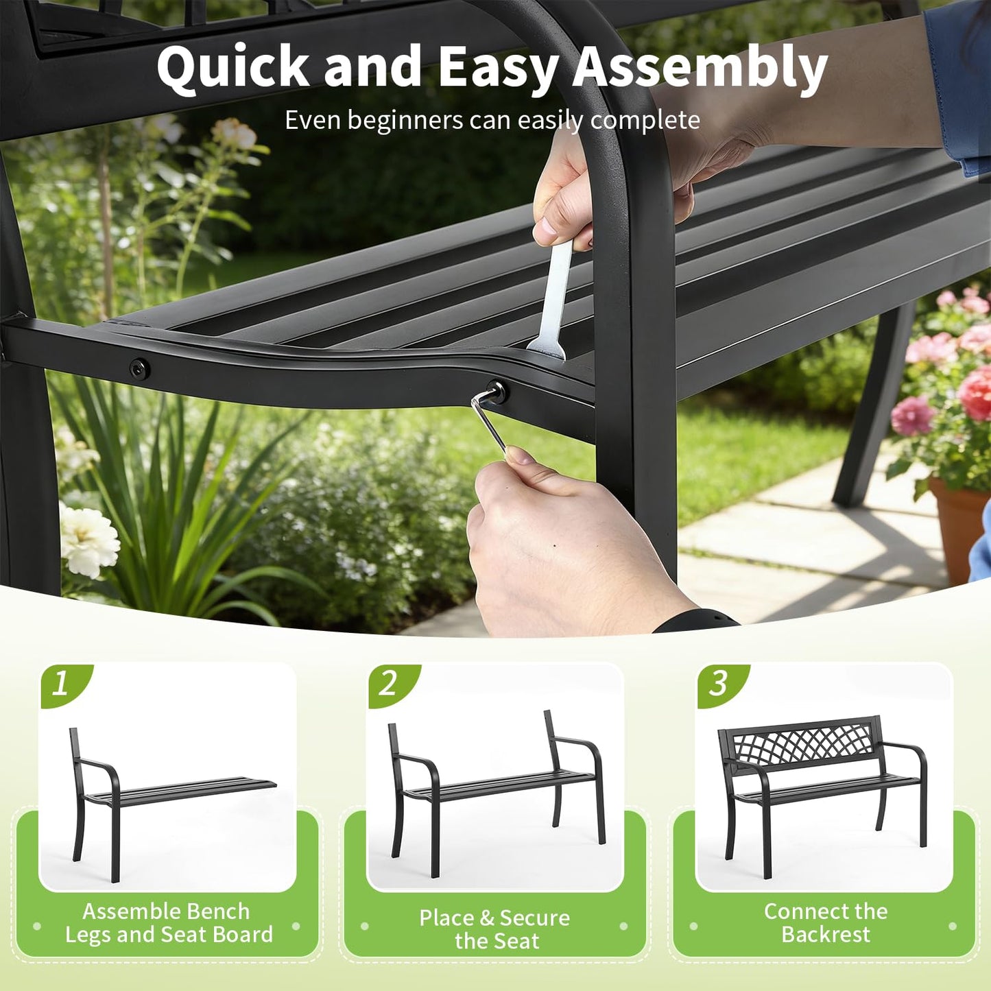 Garden Bench,Outdoor Benches,Iron Steel Frame Patio Bench with Mesh Pattern and Plastic Backrest Armrests for Lawn Yard Porch Work Entryway,Black