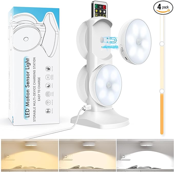 Motion Sensor Puck Step Lights with Charging Station, 3 Colors USB Rechargeable LED Closet Light, Dimmable Under Cabinet Lighting, Stick-on Lights (4 Pack)