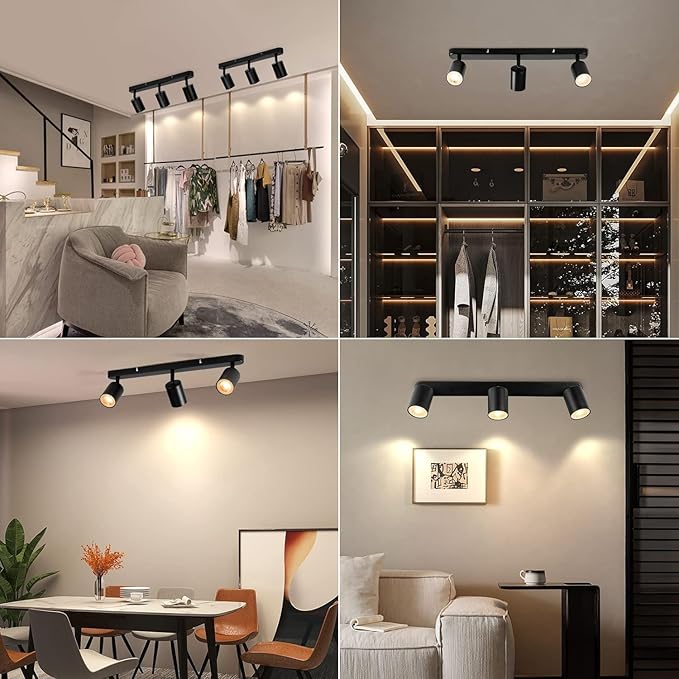 3 Light Track Lighting Kit Flexibly Rotatable Track Light Ceiling Kitchen LED Ceiling spot Light for Bedroom, Picture Wall, Hallway, Office, Bar, GU10 Socket (Black-3 Light)