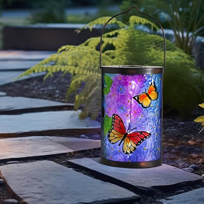 Afirst Solar Lantern Outdoor Hanging Glass Butterfly Solar Lights Waterproof Led Lamp for Garden Yard Tree Desk Decor