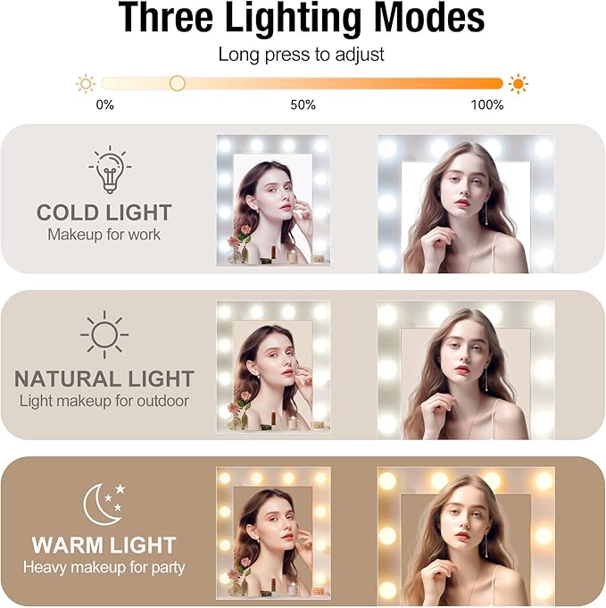 NUNU LAB Large White Vanity Desk with Mirror and Lights with 5 Drawers, Women Makeup Table with Power Outlet, 3-Color Adjustable Lighting for Bedroom Brown