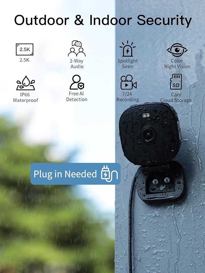 VIMTAG 2.5K Security Camera Indoor/Outdoor, Cameras for Home Security with Color Night Vision, AI Human Detection, Spotlight/Siren, Pet/Baby Monitor, IP66, 2-Way Audio,Compatible with Alexa, Wired