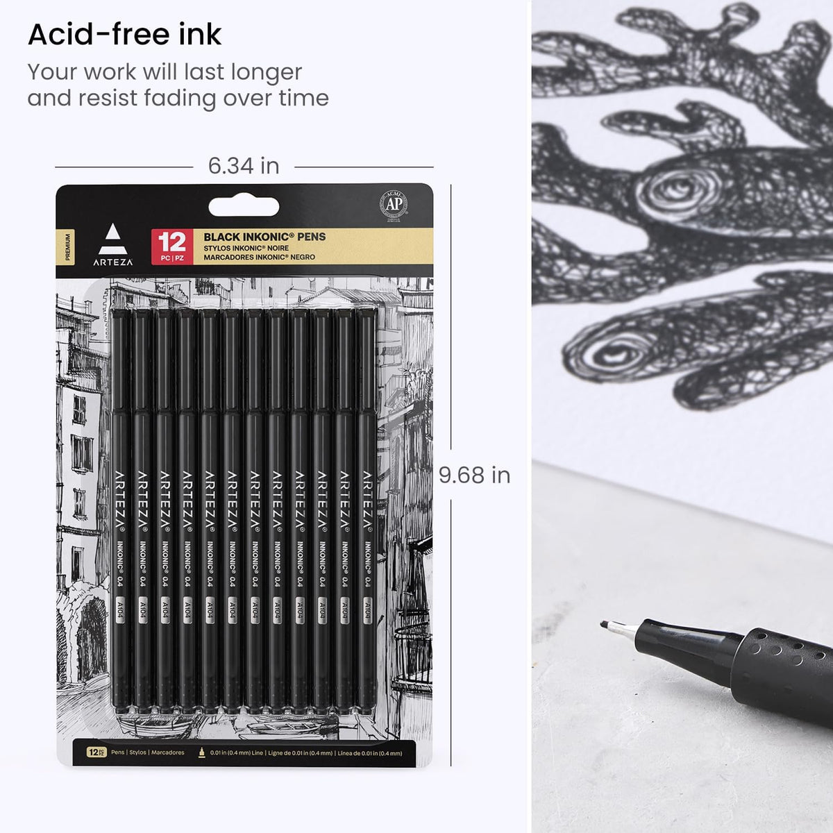 ARTEZA Black Inkonic Fineliners Pens, Set of 12, 0.4 mm Fine Tip Markers, Water-Based Art Pens for Drawing, Sketching, Journaling, Calligraphy
