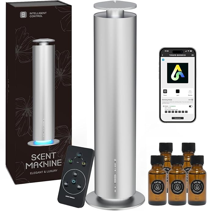 Waterless Essential Oil Diffuser, Long Lasting Aromatherapy Scent Diffuser for Home with Light Mode, 1500 Sq. Ft Coverage Quiet Oil Diffusers for Bedroom, Office, Included 5 Scent Oils(3.3OZ), Silver