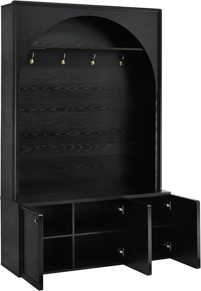 LUMISOL Farmhouse Hall Tree with Storage Bench, Arched Coat Rack with 4 Golden Hooks, Entryway Bench with 3 Cabinets and Adjustable Shelves for Mudroom, Retro Hall Cabinet for Living Room, Black