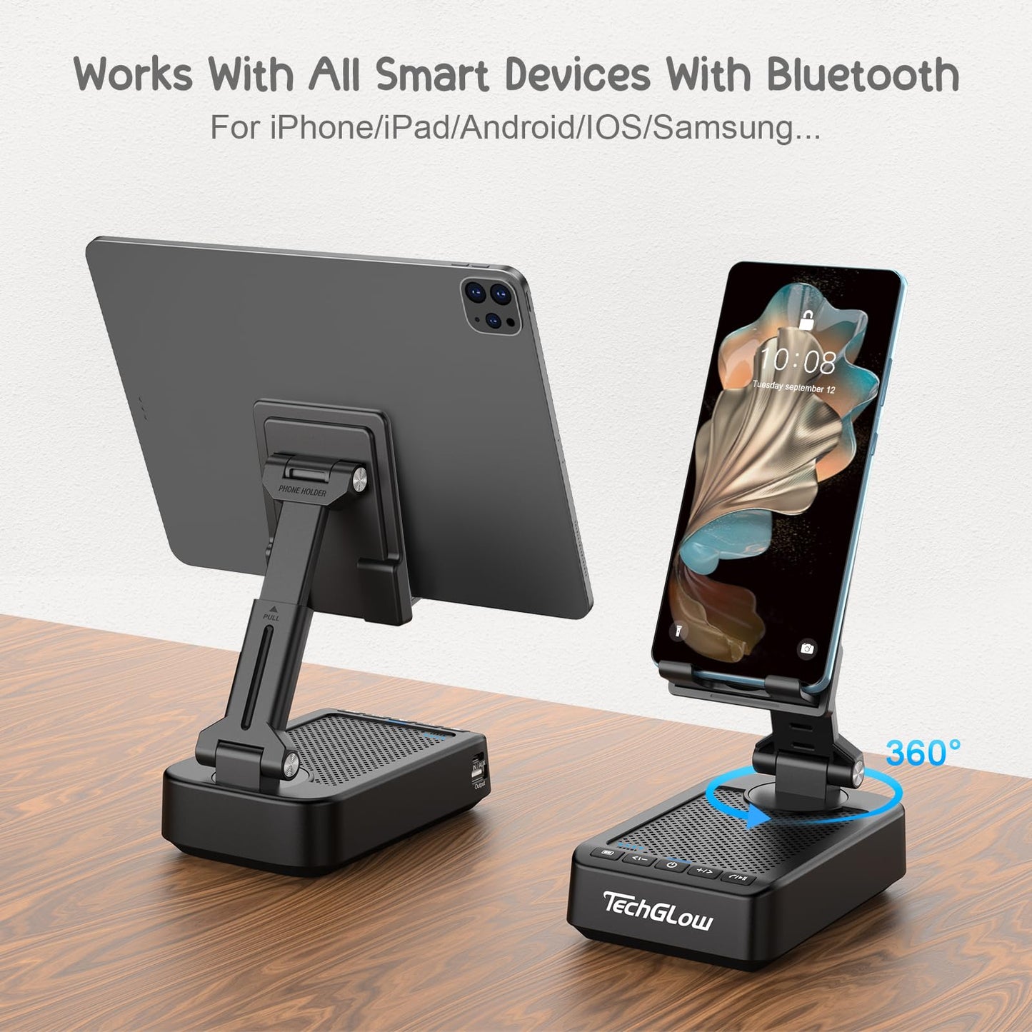 TechGlow Foldable Cellphone Stand with Bluetooth Speaker Power Bank 360° Rotatable Phone Stand Birthday Gifts for Men Women Mother Father Cool Tech Gadgets