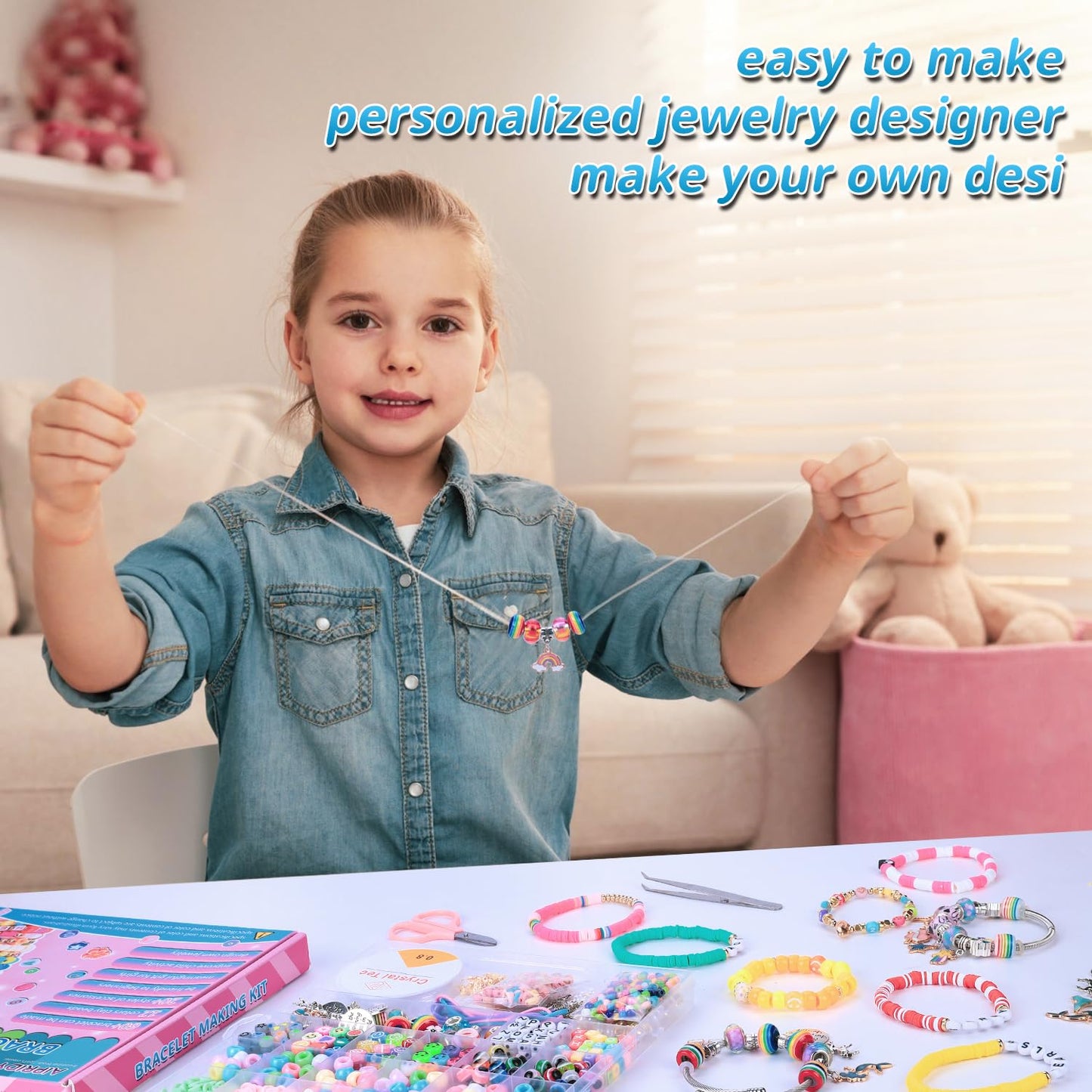 AIPRIDY 3600 Pcs Girls Toys Bracelet Making Kit, Unicorn/Mermaid Jewelry Activity, Flat College Style Beading for Friendship Jewelry Making, DIY Crafts for 4-12 Girls Birthday Christmas Gifts(Pink)