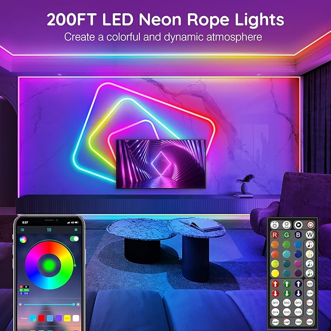 AILBTON 200Ft Neon Rope Lights,Flexible Led Rope Lights Control with App/Remote,Multiple Modes Rope Lights,IP65 Outdoor RGB Led Neon Light,Music Sync Gaming Led Neons Light Strip for Bedroom Decor