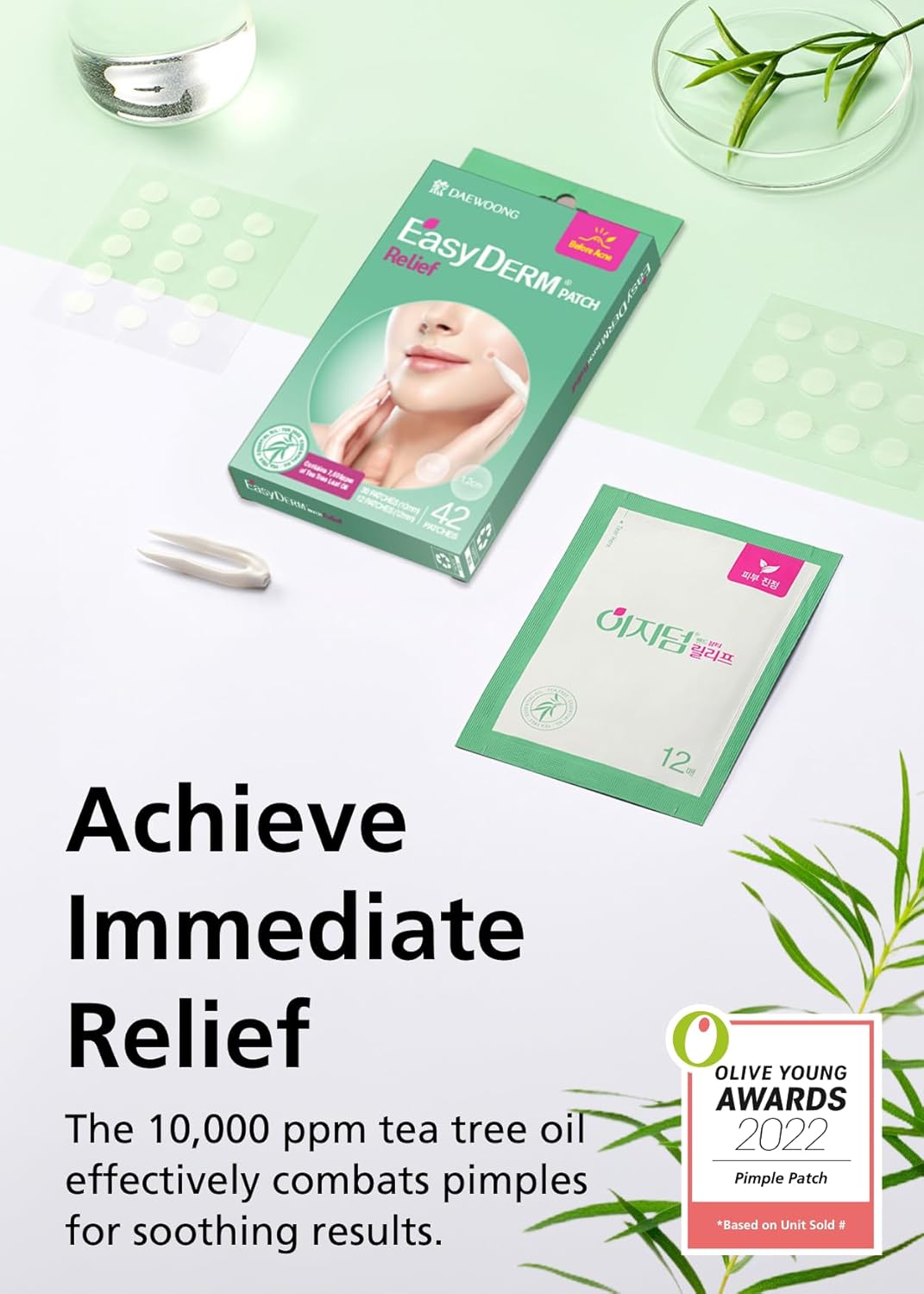 EasyDerm Relief Invisible Patch(42 counts) I Contains 10,000ppm of Tea Tree Oil, Pimple Patch, Ultra-slim 0.1mm, Waterpoof, Korean Pimple Patches Back to School MUST HAVE