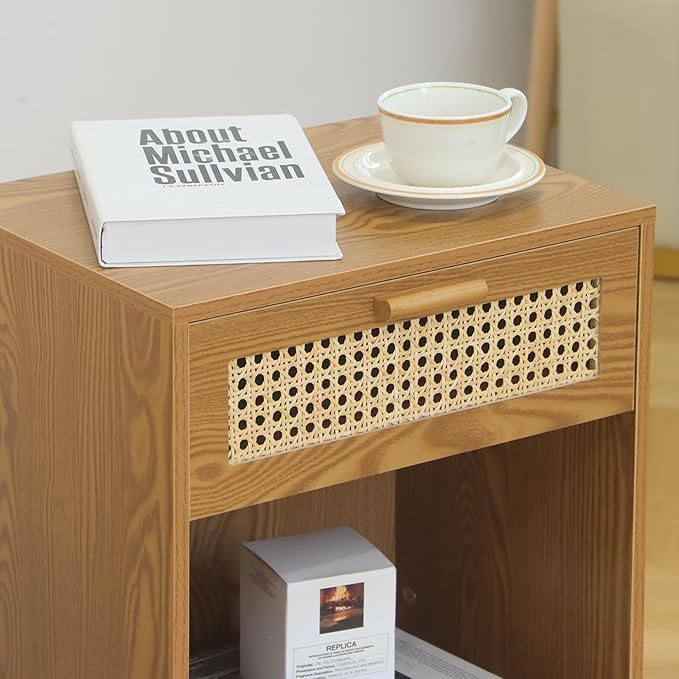 Mid Century Modern Nightstand, Rattan Bedside Table with Drawer and Open Shelf, Wood Nightstand Modern Side Table for Living Room, Bedroom and Small Space, Brown