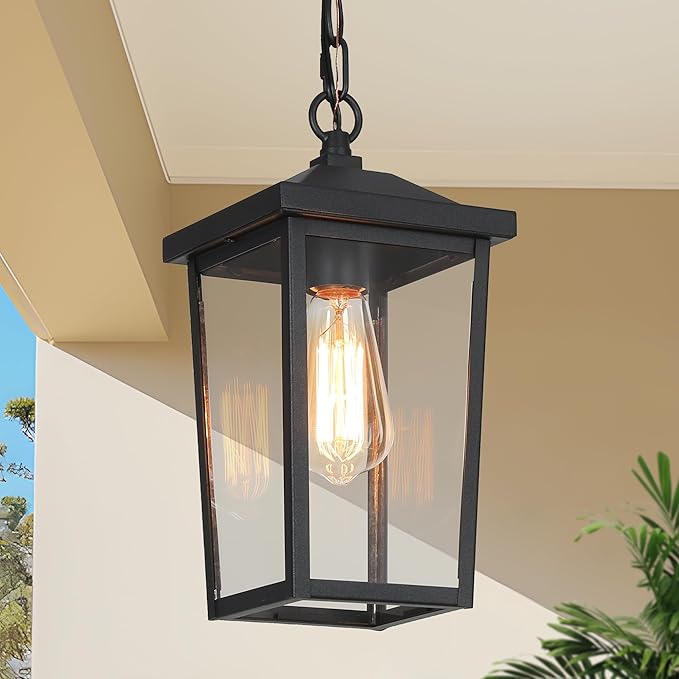 Outdoor Pendant Light Fixture, Farmhouse Exterior Hanging Lights with Adjustable Chain, Black Anti-Rust Ceiling Outdoor Light with Clear Glass, Hanging Lantern for Front Door, Entry, Porch, and Gazebo