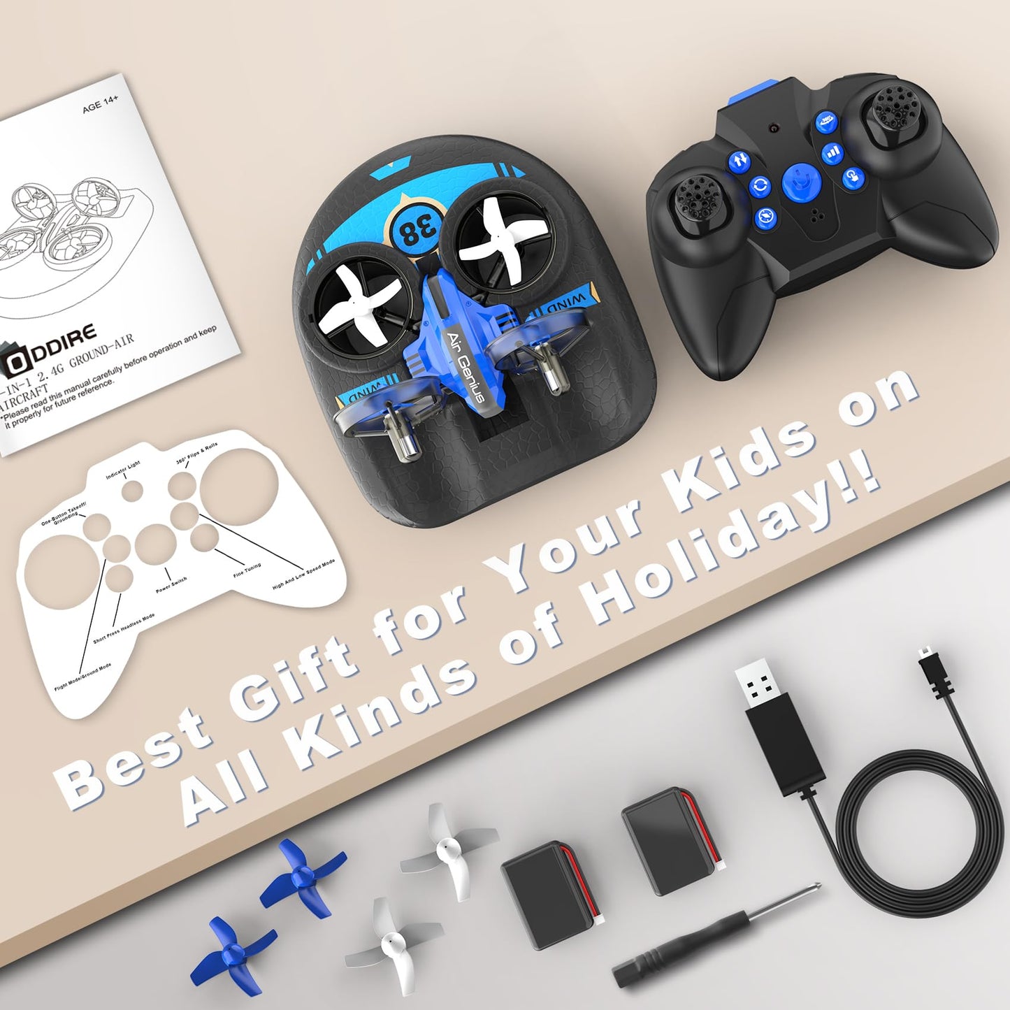 Oddire Mini Drone for Adults, Drones & Cars 2 in 1 Toy with One Key Take Off-Landing, Altitude Hold, Headless Mode, 360° flip, Car Mode, 2 Batteries,