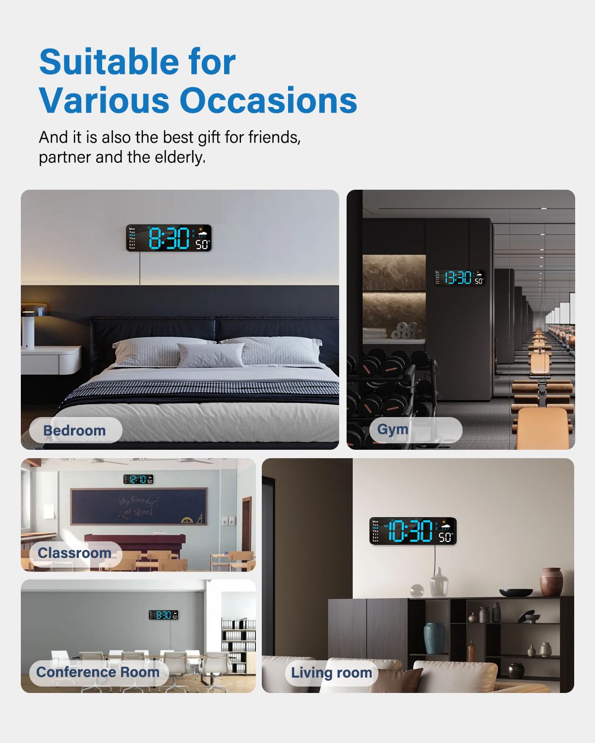 Digital Wall Clock, Digital Clock Large Display with Remote Control, Corded LED Alarm Clocks with Date, Week, Temp, Humidity, Auto DST, Countdown, for Living Room Bedroom Classroom Office (Blue)