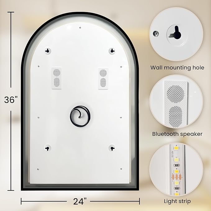 24x36 Inch Led Mirrors for Bathroom, Arch Vanity Mirror with Lights, Wall-Mounted Mirror with Bluetooth Speaker, Anti-Fog, Memory Function, 3 Color Temperature, Dimmable