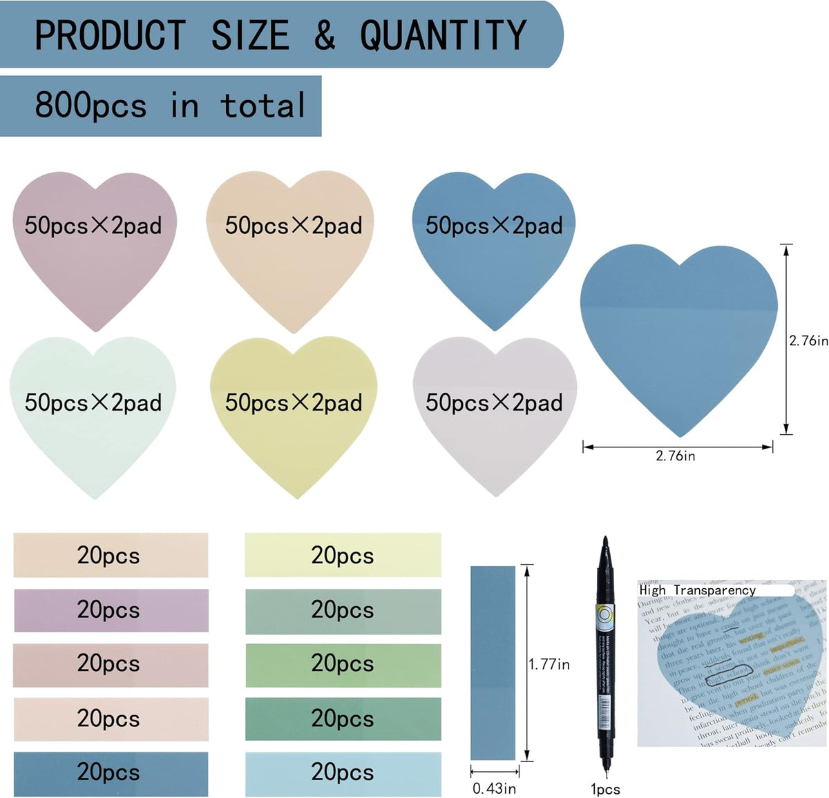 800Pcs Transparent Sticky Notes, 2.76"x2.76" Clear Heart Sticky Notes, Waterproof Translucent Sticky Note Pads for Books Annotation, Clear Post it Notes for Bible Study, School, Office
